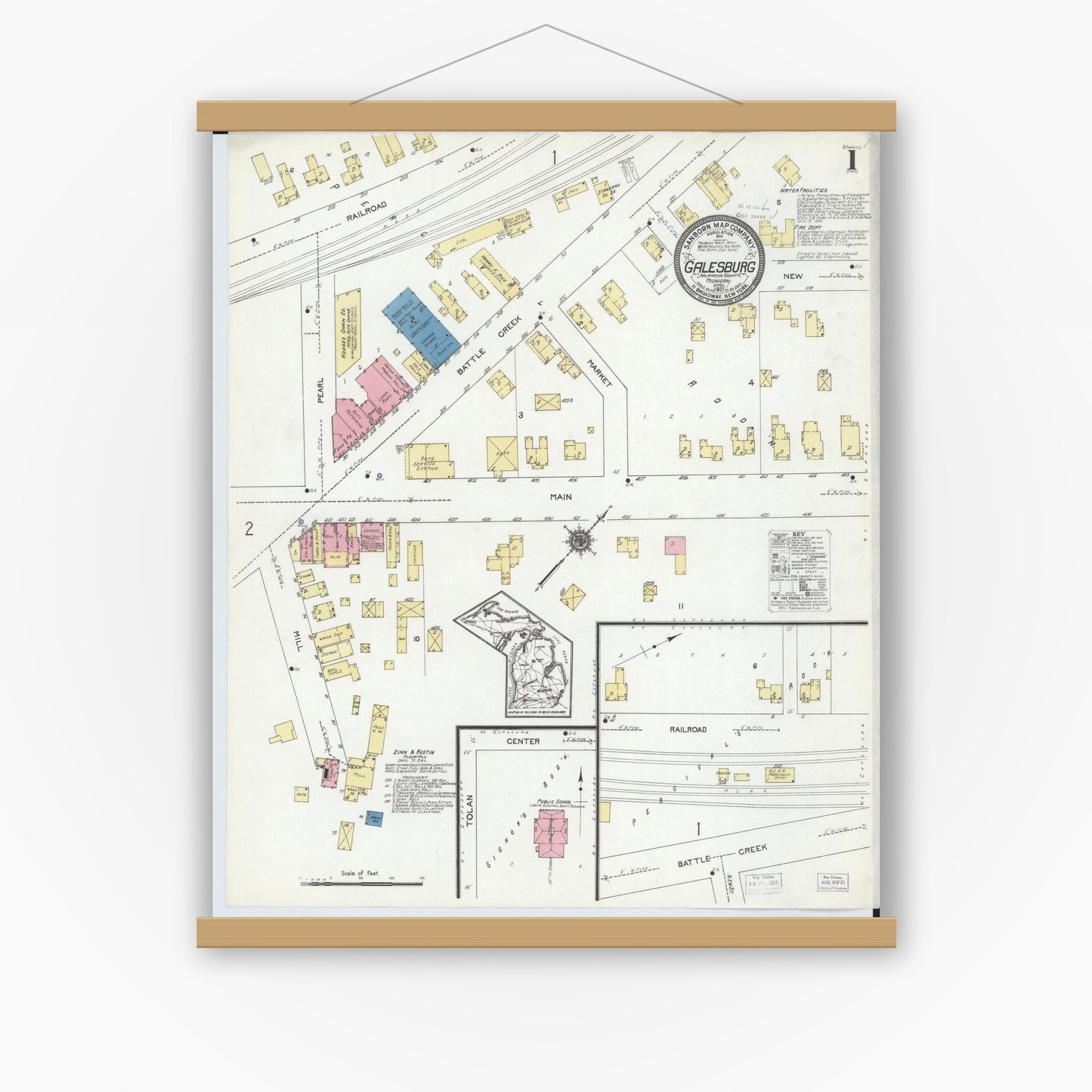 Old map wall art mockup — magnetic wood frame on white wall — Sanborn Fire Insurance Map from Galesburg, Kalamazoo County, Michigan (1921), Sheet #0001