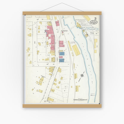 Old map wall art mockup — magnetic wood frame on white wall — Sanborn Fire Insurance Map from Necedah, Juneau County, Wisconsin (1916), Sheet #0003