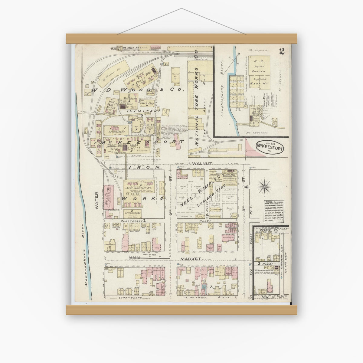 Old map wall art mockup — magnetic wood frame on white wall — Sanborn Fire Insurance Map from McKeesport, Allegheny County, Pennsylvania (1884), Sheet #0002