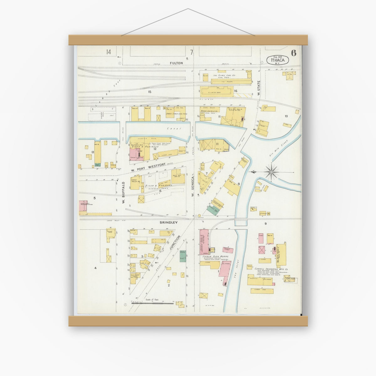 Old map wall art mockup — magnetic wood frame on white wall — Sanborn Fire Insurance Map from Ithaca, Tompkins County, New York (1904), Sheet #0006