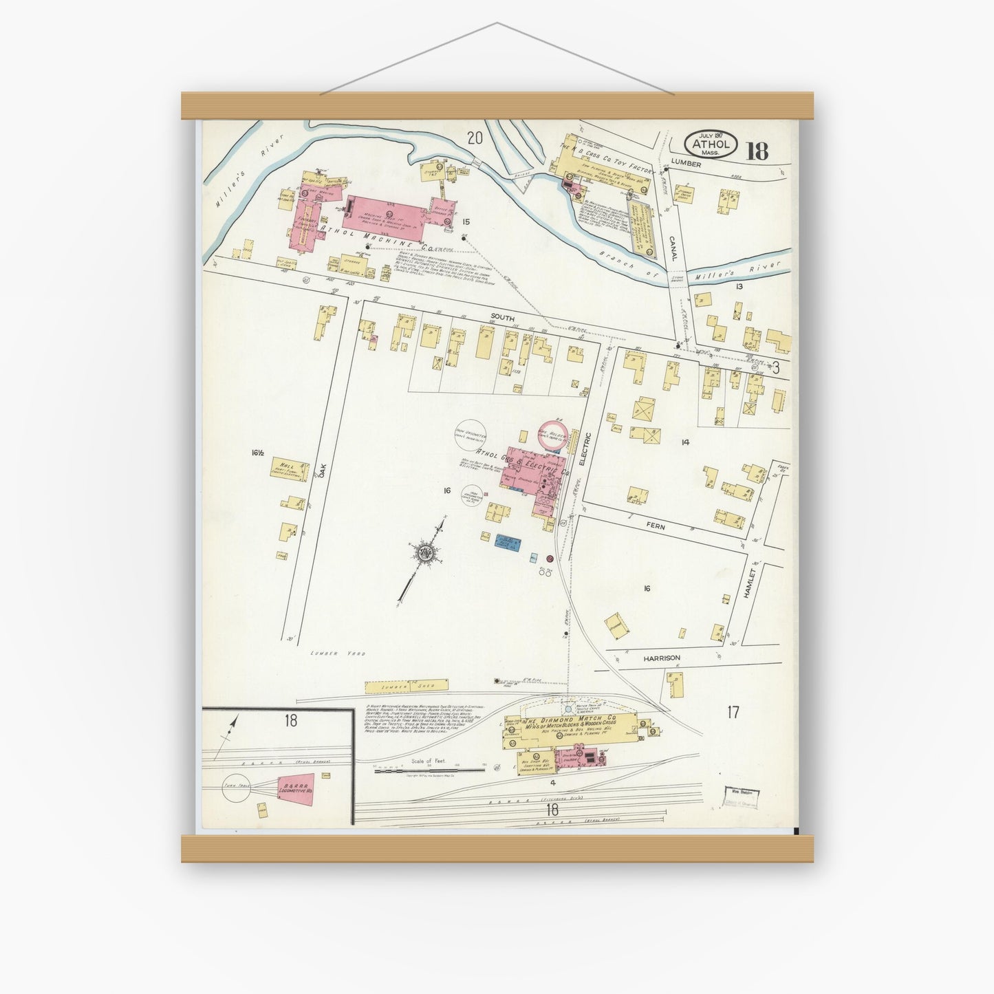 Old map wall art mockup — magnetic wood frame on white wall — Sanborn Fire Insurance Map from Athol, Worcester County, Massachusetts (1917), Sheet #0018