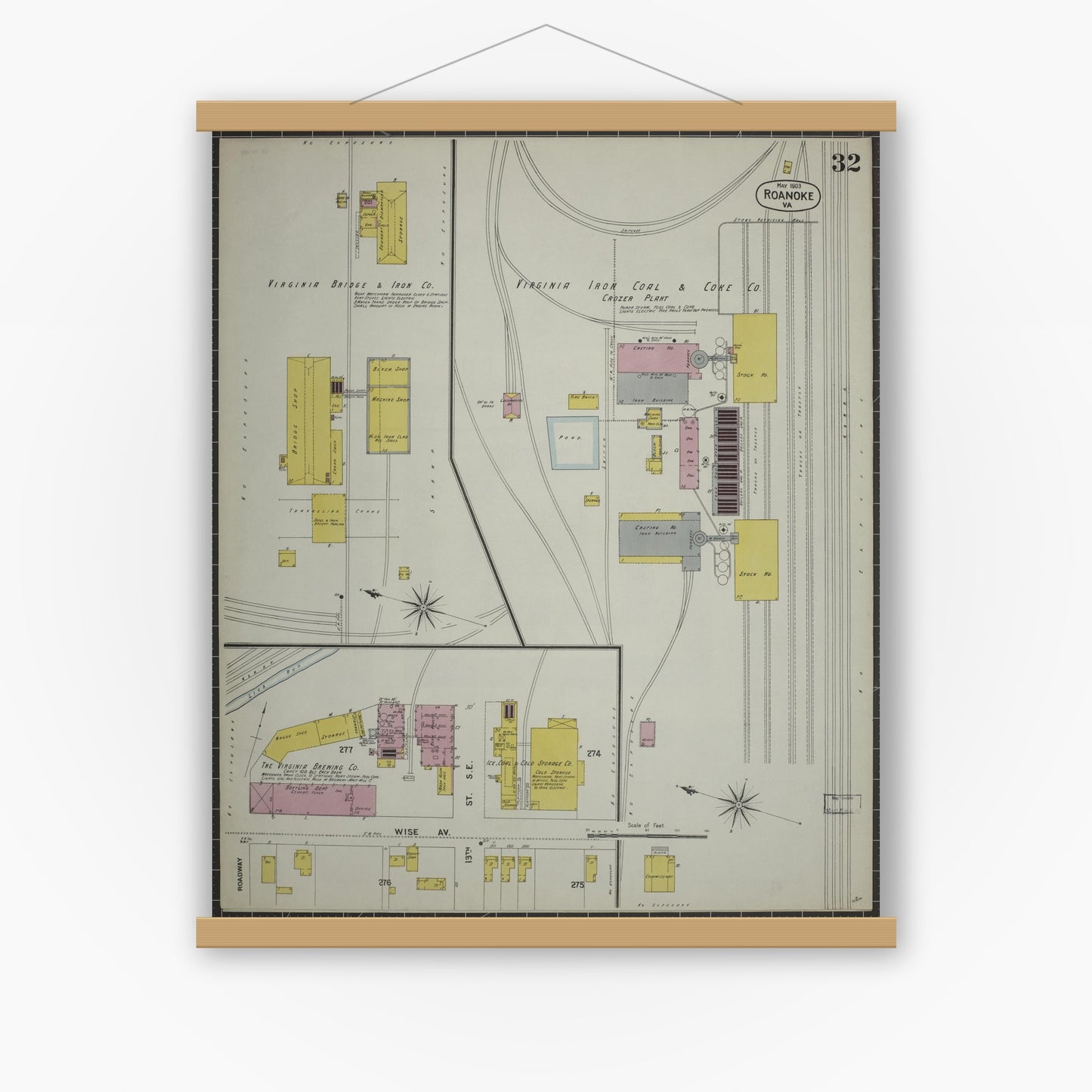 Old map wall art mockup — magnetic wood frame on white wall — Sanborn Fire Insurance Map from Roanoke, Independent Cities, Virginia (1903), Sheet #0032