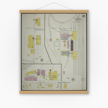 Old map wall art mockup — magnetic wood frame on white wall — Sanborn Fire Insurance Map from Roanoke, Independent Cities, Virginia (1903), Sheet #0032