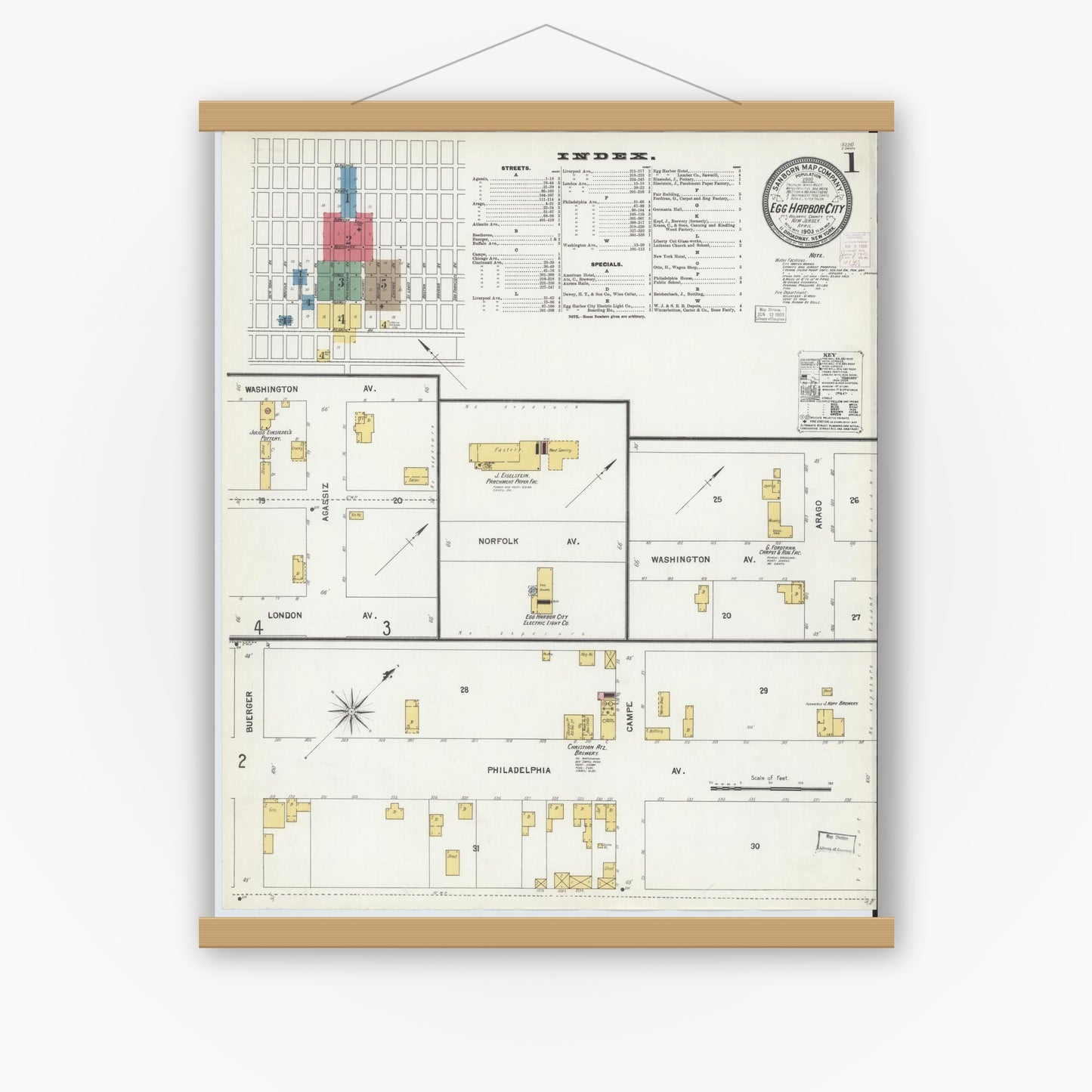Old map wall art mockup — magnetic wood frame on white wall — Sanborn Fire Insurance Map from Egg Harbor City, Atlantic County, New Jersey (1903) - Complete Map Set