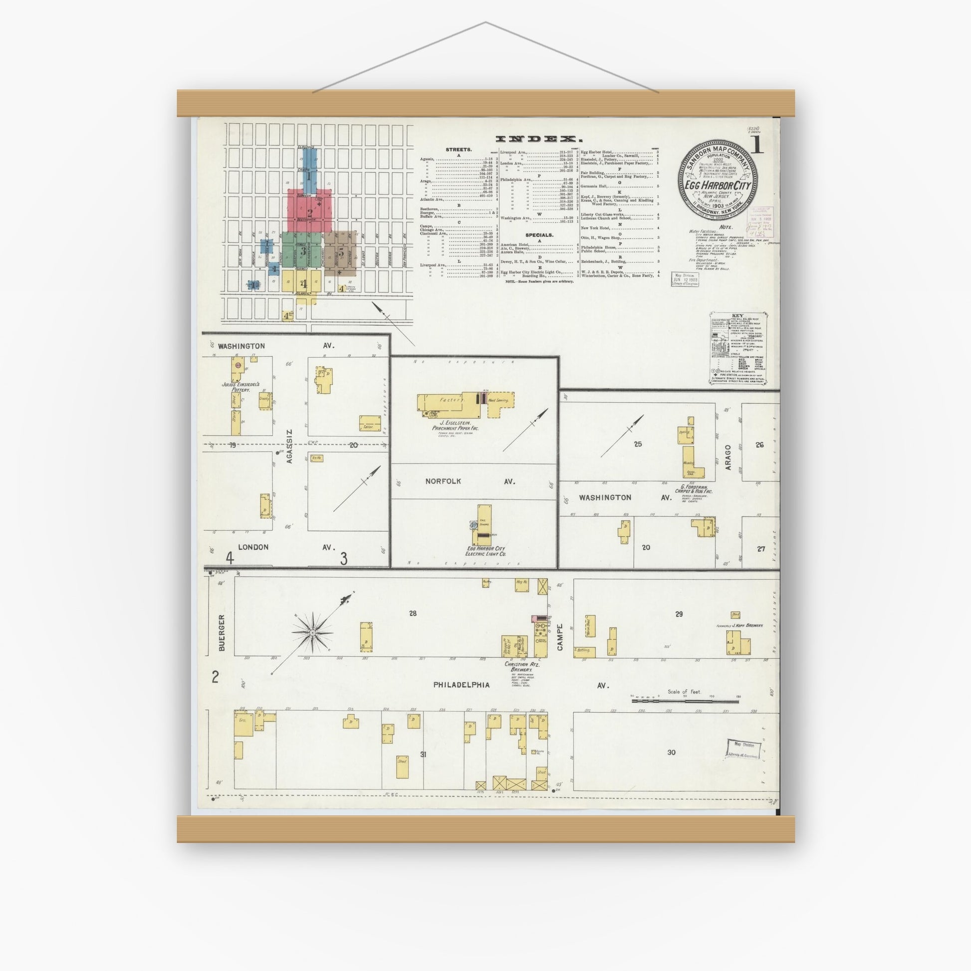 Old map wall art mockup — magnetic wood frame on white wall — Sanborn Fire Insurance Map from Egg Harbor City, Atlantic County, New Jersey (1903) - Complete Map Set