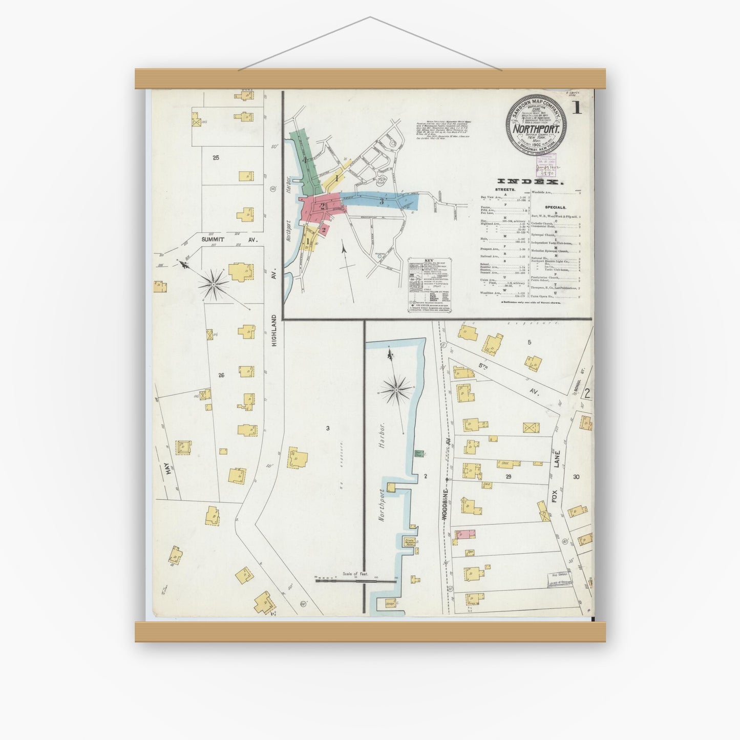 Old map wall art mockup — magnetic wood frame on white wall — Sanborn Fire Insurance Map from Northport, Suffolk County, New York (1902), Sheet #0001