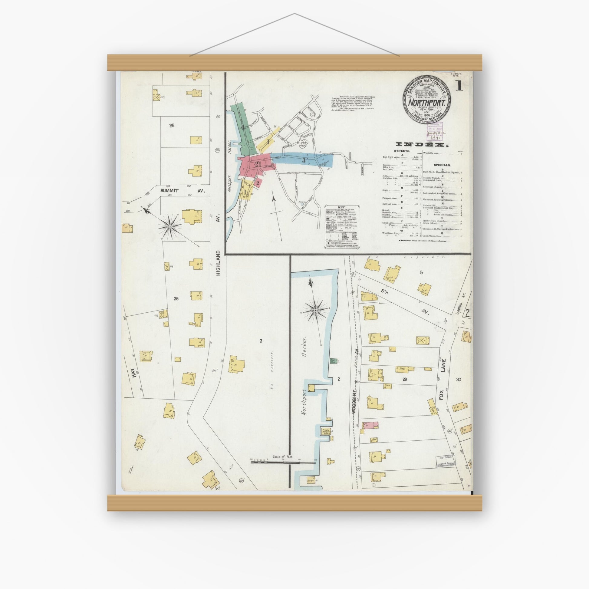 Old map wall art mockup — magnetic wood frame on white wall — Sanborn Fire Insurance Map from Northport, Suffolk County, New York (1902), Sheet #0001