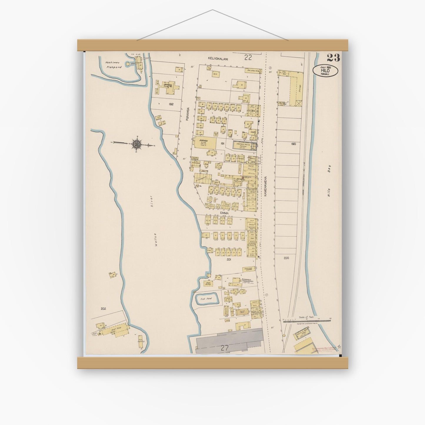 Old map wall art mockup — magnetic wood frame on white wall — Sanborn Fire Insurance Map from Hilo, Hawaii County, Hawaii (1921), Sheet #0023