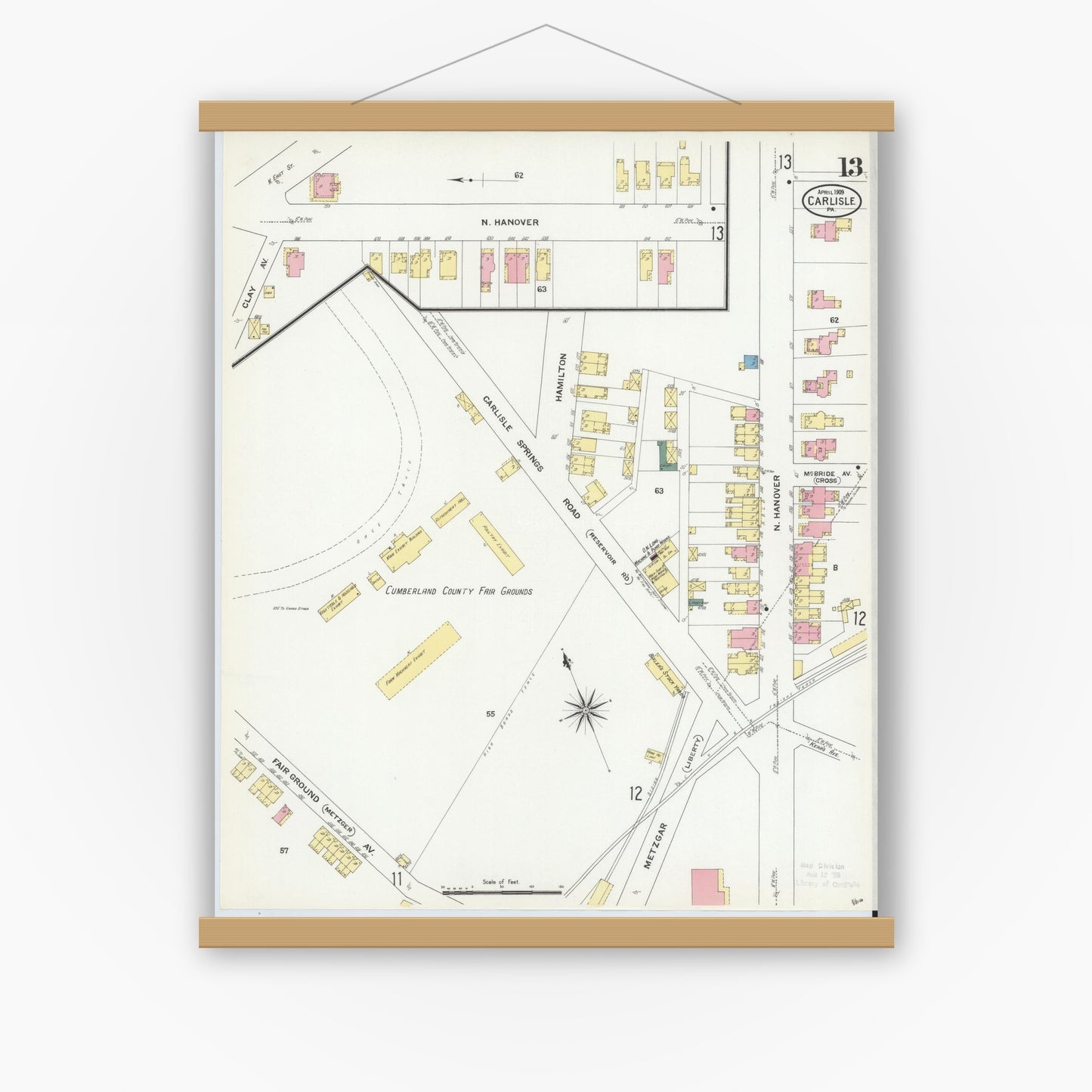 Old map wall art mockup — magnetic wood frame on white wall — Sanborn Fire Insurance Map from Carlisle, Cumberland County, Pennsylvania (1909), Sheet #0013