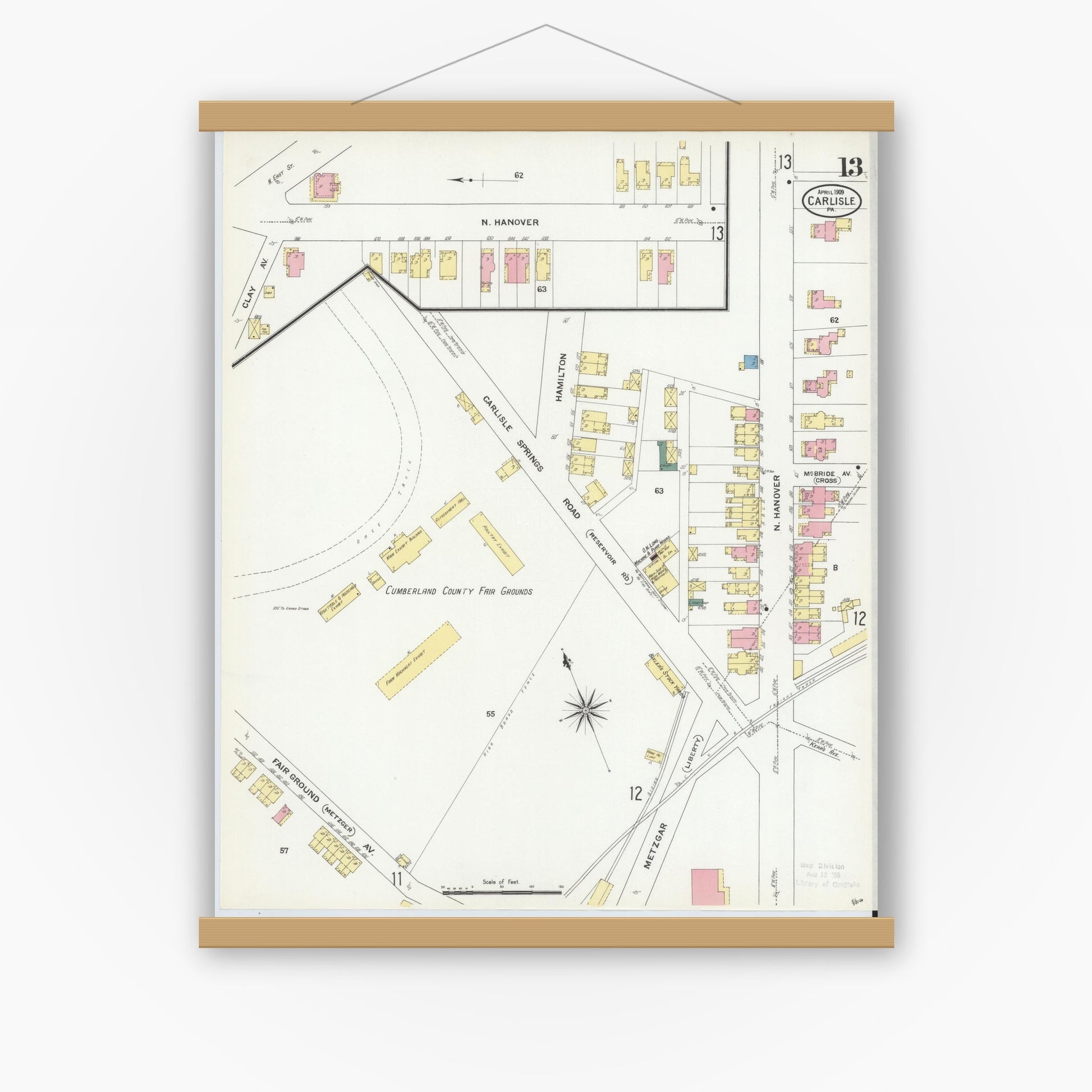 Old map wall art mockup — magnetic wood frame on white wall — Sanborn Fire Insurance Map from Carlisle, Cumberland County, Pennsylvania (1909), Sheet #0013