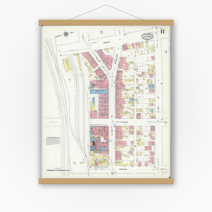 Old map wall art mockup — magnetic wood frame on white wall — Sanborn Fire Insurance Map from Alton, Madison County, Illinois (1915), Sheet #0011
