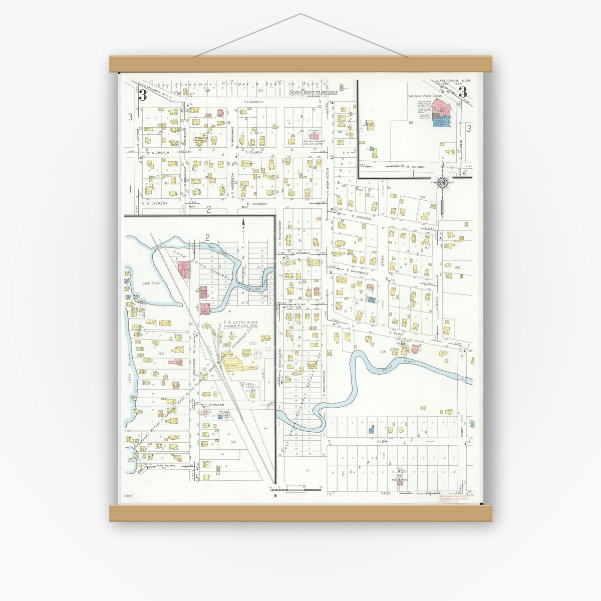 Old map wall art mockup — magnetic wood frame on white wall — Sanborn Fire Insurance Map from Lake Orion, Oakland County, Michigan (1934), Sheet #0003