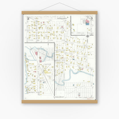 Old map wall art mockup — magnetic wood frame on white wall — Sanborn Fire Insurance Map from Lake Orion, Oakland County, Michigan (1934), Sheet #0003