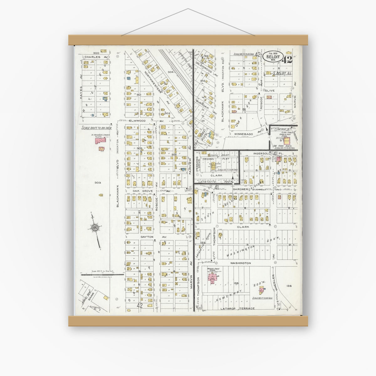 Old map wall art mockup — magnetic wood frame on white wall — Sanborn Fire Insurance Map from Beloit, Rock County, Wisconsin (1926), Sheet #0042