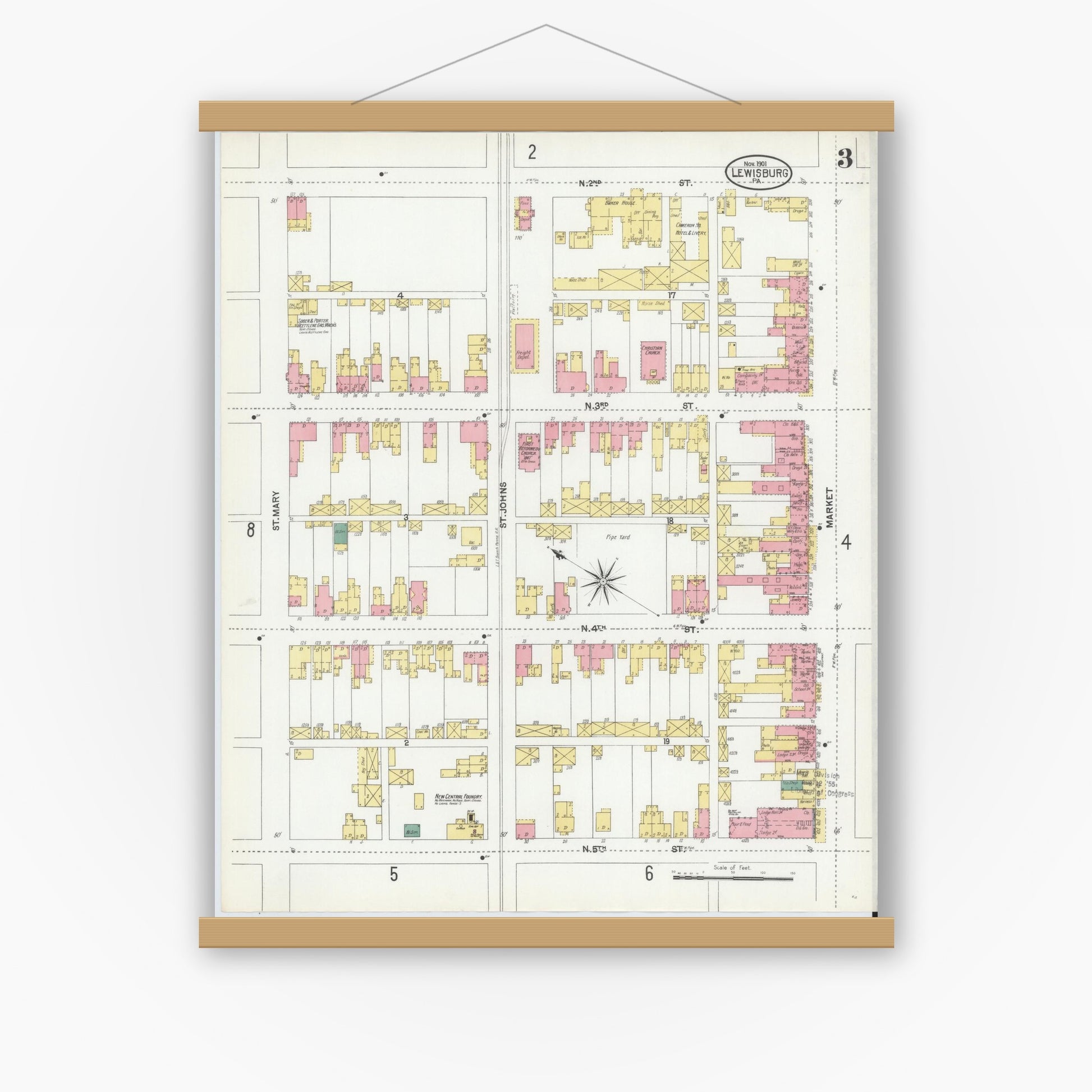 Old map wall art mockup — magnetic wood frame on white wall — Sanborn Fire Insurance Map from Lewisburg, Union County, Pennsylvania (1901), Sheet #0003