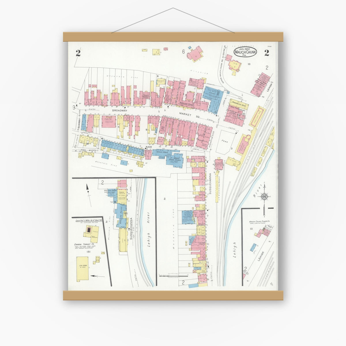 Old map wall art mockup — magnetic wood frame on white wall — Sanborn Fire Insurance Map from Mauch Chunk, Carbon County, Pennsylvania (1930), Sheet #0002