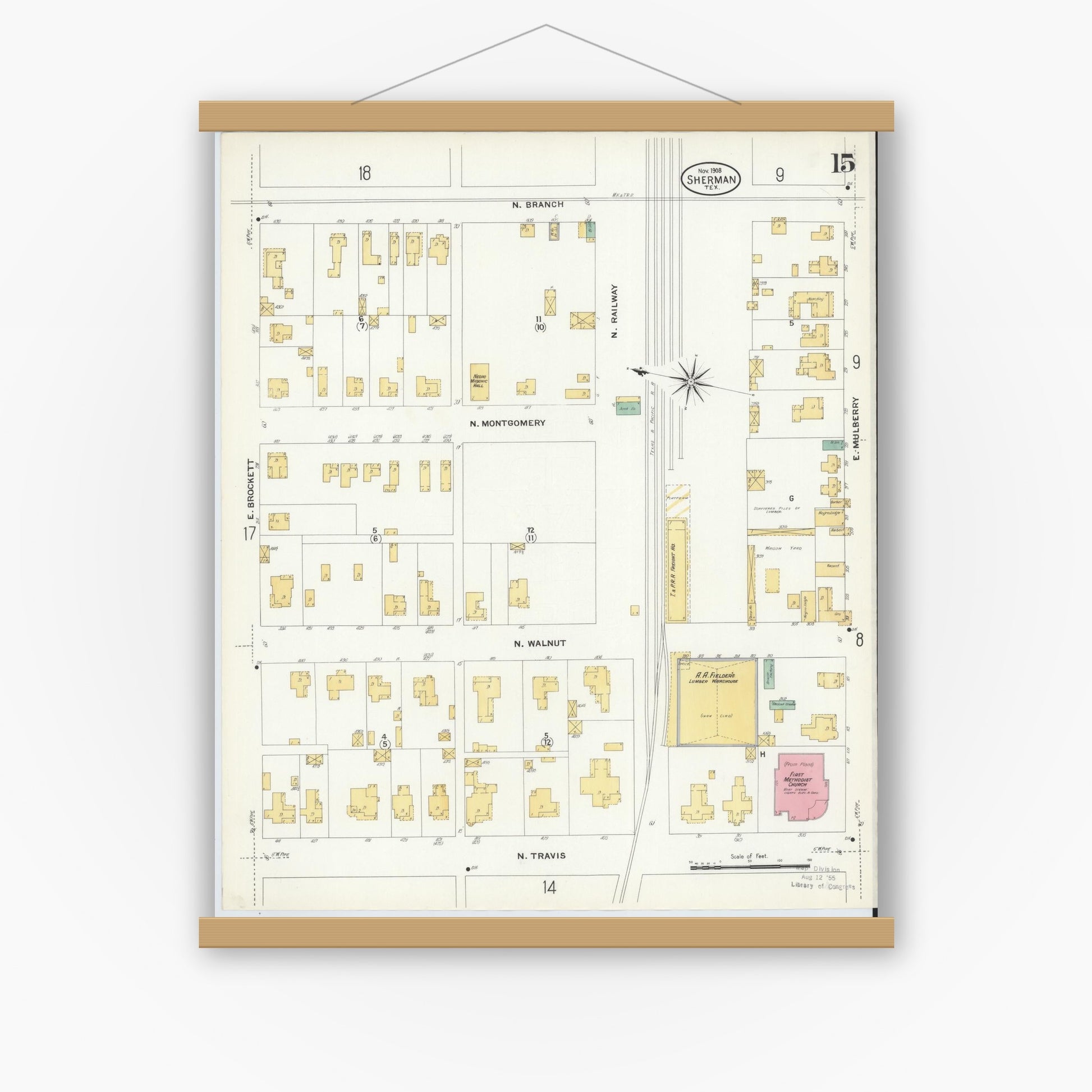 Old map wall art mockup — magnetic wood frame on white wall — Sanborn Fire Insurance Map from Sherman, Grayson County, Texas (1908), Sheet #0015