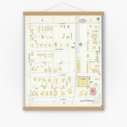 Old map wall art mockup — magnetic wood frame on white wall — Sanborn Fire Insurance Map from Sherman, Grayson County, Texas (1908), Sheet #0015