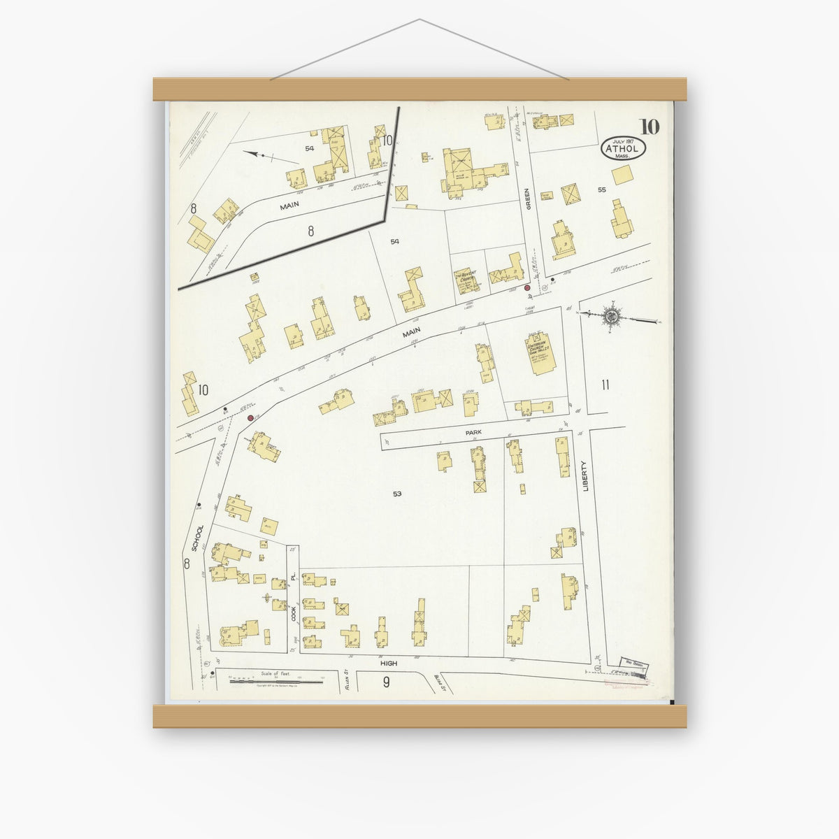 Old map wall art mockup — magnetic wood frame on white wall — Sanborn Fire Insurance Map from Athol, Worcester County, Massachusetts (1917), Sheet #0010