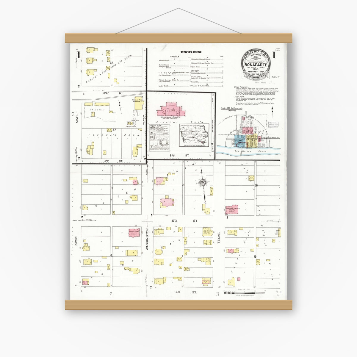 Old map wall art mockup — magnetic wood frame on white wall — Sanborn Fire Insurance Map from Bonaparte, Van Buren County, Iowa (1927), Sheet #0001