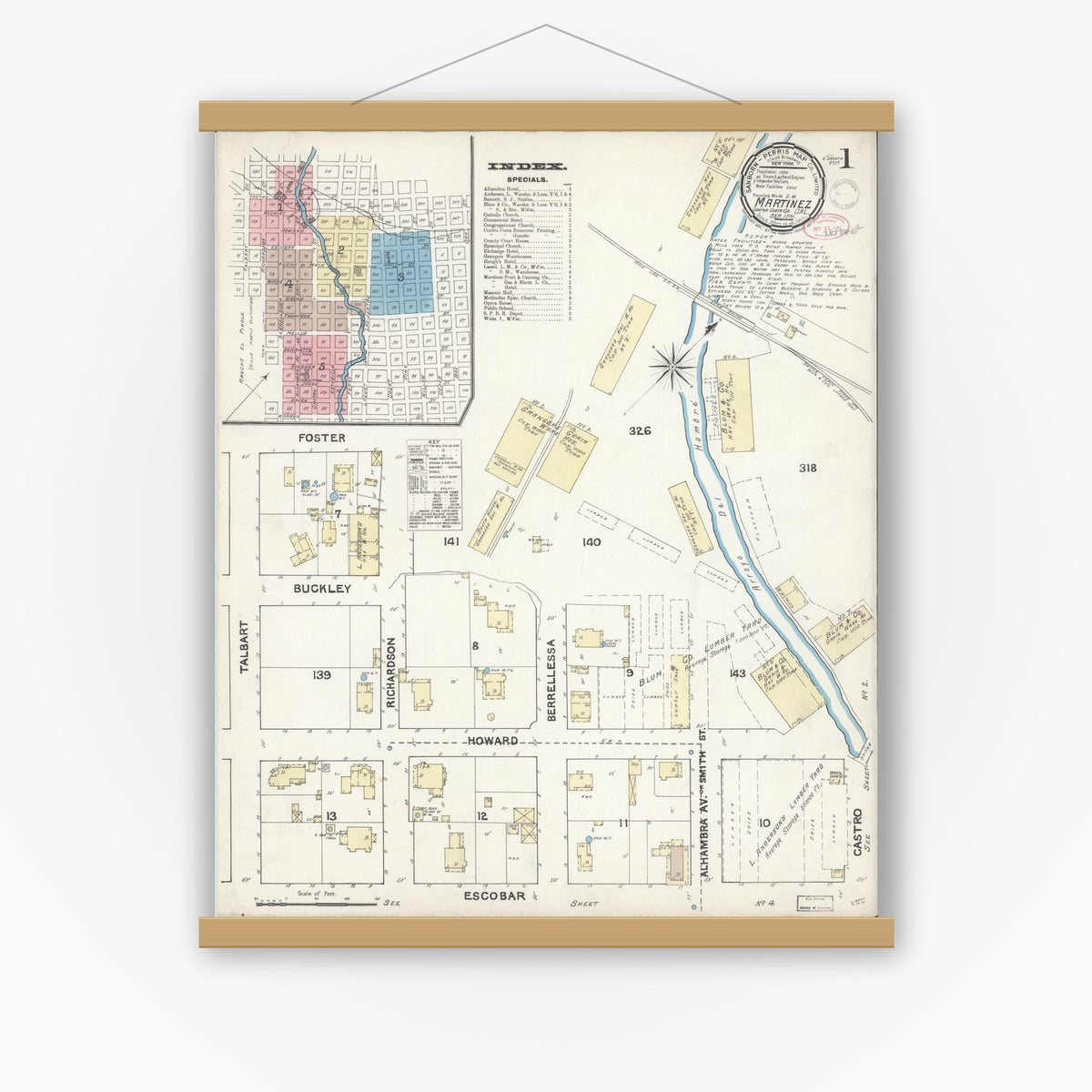 Old map wall art mockup — magnetic wood frame on white wall — Sanborn Fire Insurance Map from Martinez, Contra Costa County, California (1891) - Complete Map Set