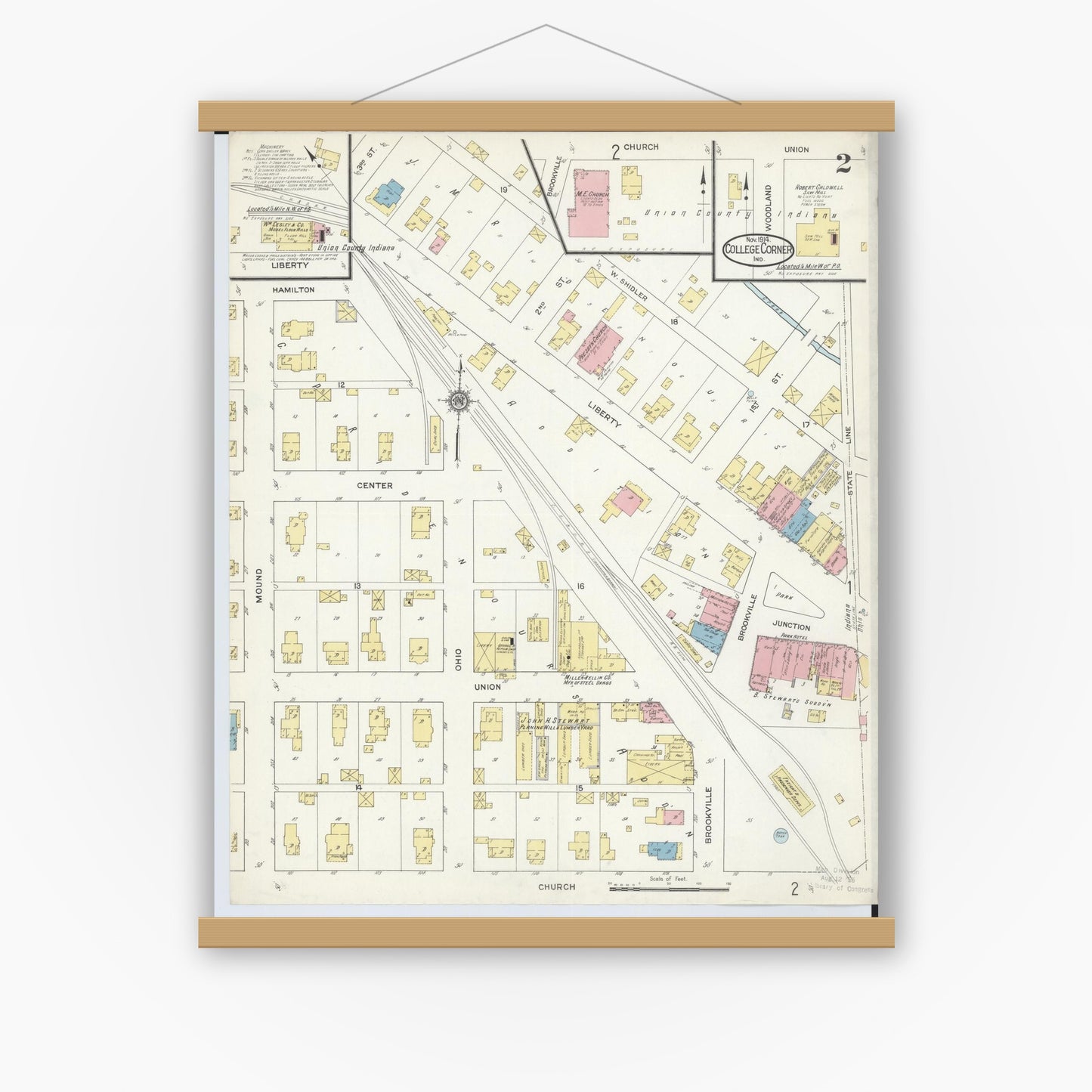 Old map wall art mockup — magnetic wood frame on white wall — Sanborn Fire Insurance Map from College Corner, Preble And Butler, Ohio (1914), Sheet #0002