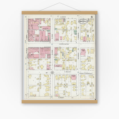 Old map wall art mockup — magnetic wood frame on white wall — Sanborn Fire Insurance Map from Crawfordsville, Montgomery County, Indiana (1887), Sheet #0003