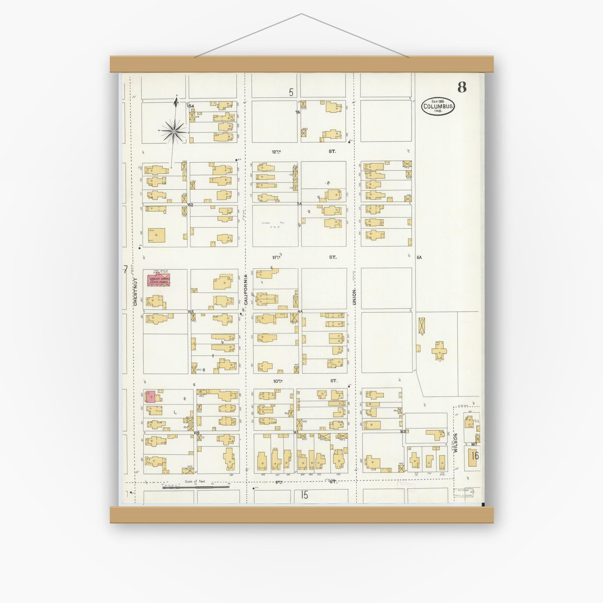 Old map wall art mockup — magnetic wood frame on white wall — Sanborn Fire Insurance Map from Columbus, Bartholomew County, Indiana (1906), Sheet #0008