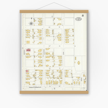 Old map wall art mockup — magnetic wood frame on white wall — Sanborn Fire Insurance Map from Columbus, Bartholomew County, Indiana (1906), Sheet #0008