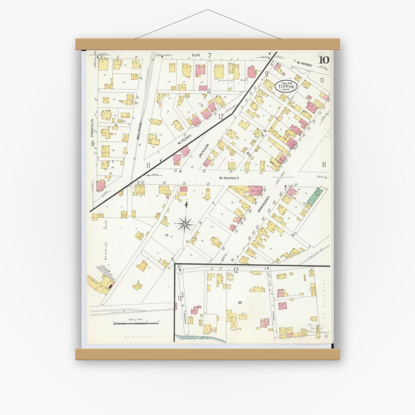 Old map wall art mockup — magnetic wood frame on white wall — Sanborn Fire Insurance Map from Tiffin, Seneca County, Ohio (1908), Sheet #0010
