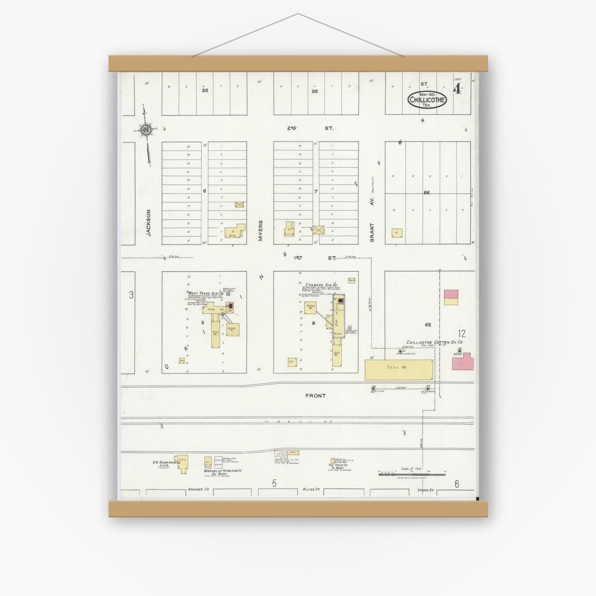 Old map wall art mockup — magnetic wood frame on white wall — Sanborn Fire Insurance Map from Chillicothe, Hardeman County, Texas (1921), Sheet #0004