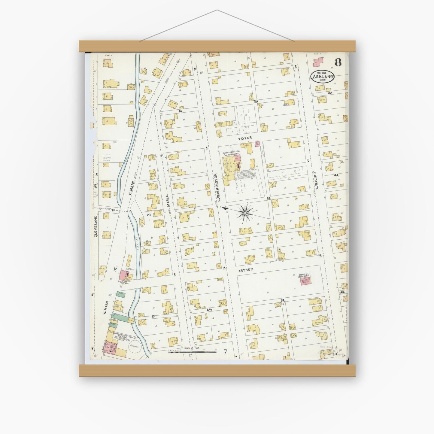 Old map wall art mockup — magnetic wood frame on white wall — Sanborn Fire Insurance Map from Ashland, Ashland County, Ohio (1904), Sheet #0008
