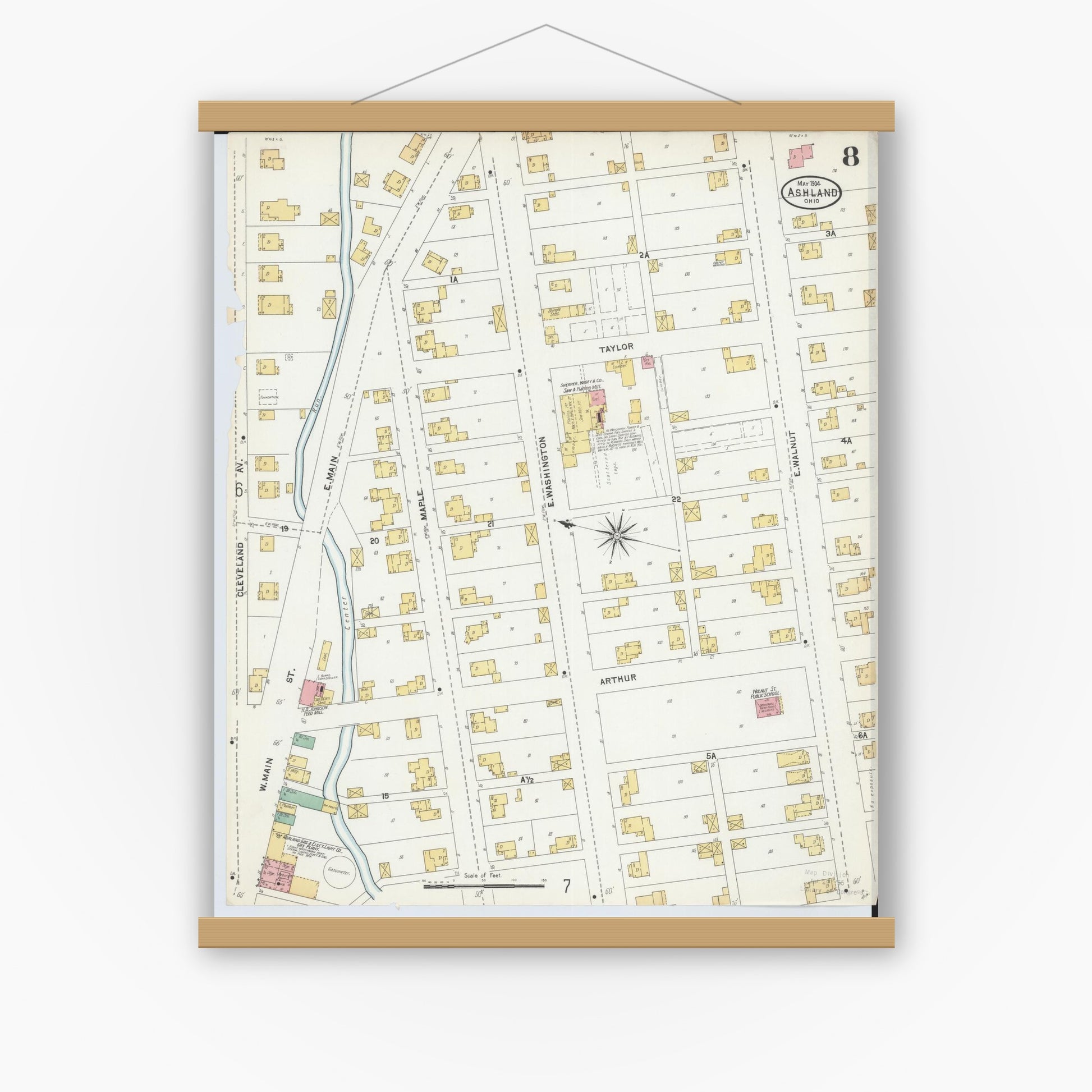 Old map wall art mockup — magnetic wood frame on white wall — Sanborn Fire Insurance Map from Ashland, Ashland County, Ohio (1904), Sheet #0008
