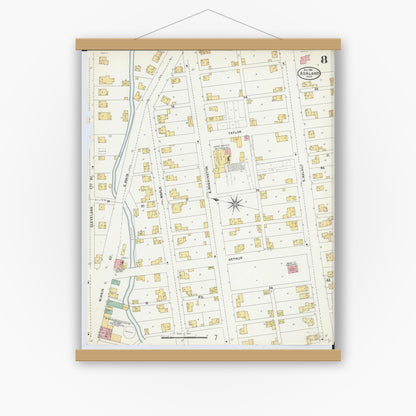 Old map wall art mockup — magnetic wood frame on white wall — Sanborn Fire Insurance Map from Ashland, Ashland County, Ohio (1904), Sheet #0008
