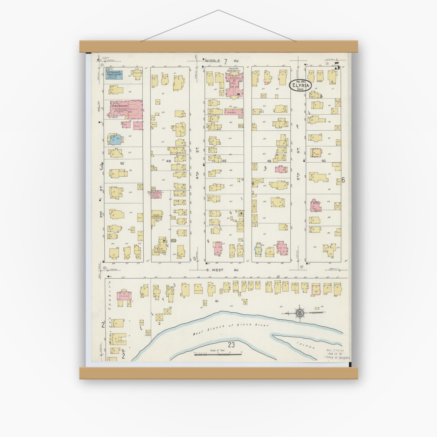 Old map wall art mockup — magnetic wood frame on white wall — Sanborn Fire Insurance Map from Elyria, Lorain County, Ohio (1915), Sheet #0005
