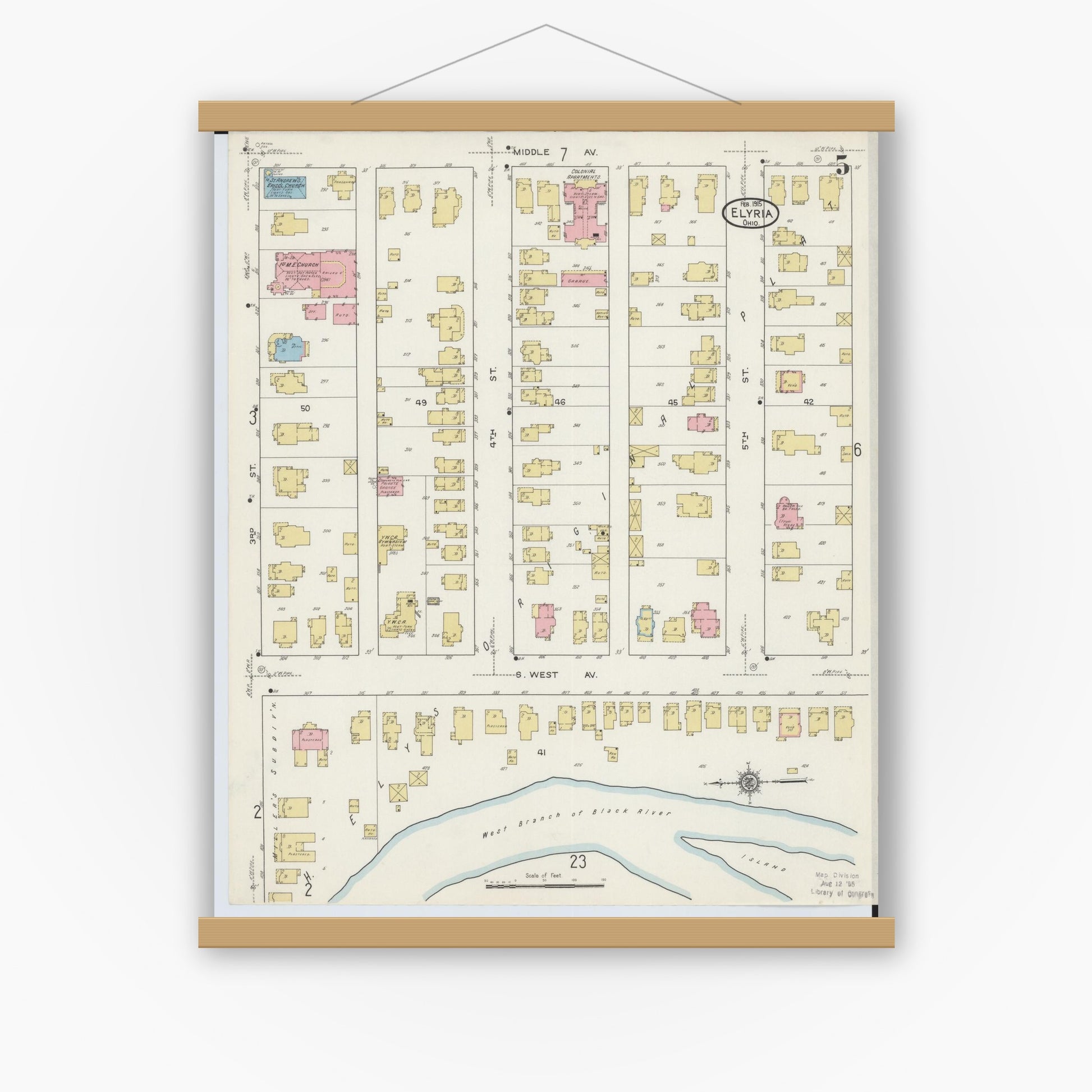 Old map wall art mockup — magnetic wood frame on white wall — Sanborn Fire Insurance Map from Elyria, Lorain County, Ohio (1915), Sheet #0005