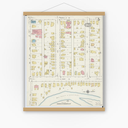 Old map wall art mockup — magnetic wood frame on white wall — Sanborn Fire Insurance Map from Elyria, Lorain County, Ohio (1915), Sheet #0005