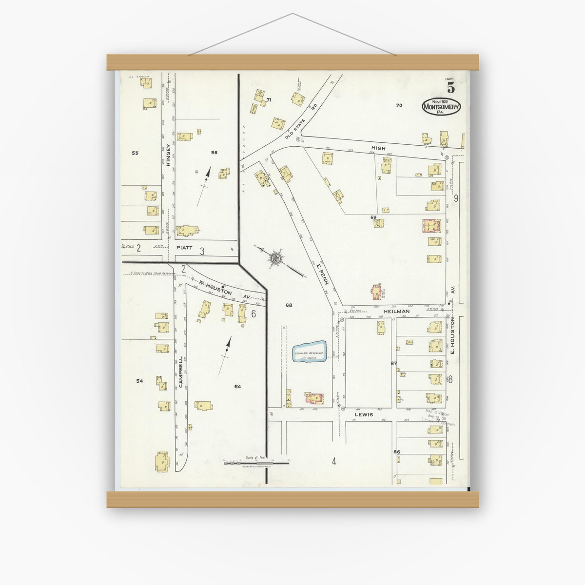 Old map wall art mockup — magnetic wood frame on white wall — Sanborn Fire Insurance Map from Montgomery, Lycoming County, Pennsylvania (1920), Sheet #0005