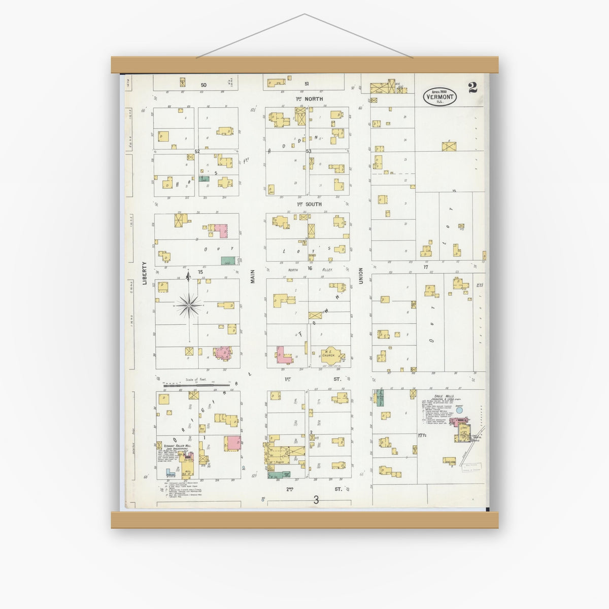 Old map wall art mockup — magnetic wood frame on white wall — Sanborn Fire Insurance Map from Vermont, Fulton County, Illinois (1900), Sheet #0002