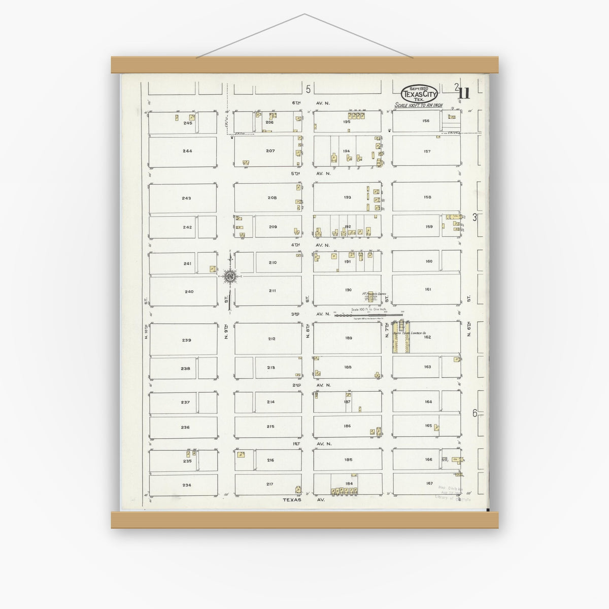 Old map wall art mockup — magnetic wood frame on white wall — Sanborn Fire Insurance Map from Texas City, Galveston County, Texas (1920), Sheet #0011