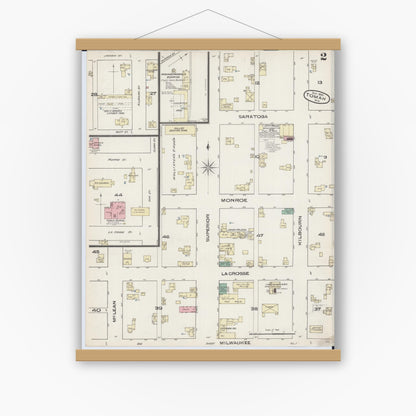 Old map wall art mockup — magnetic wood frame on white wall — Sanborn Fire Insurance Map from Tomah, Monroe County, Wisconsin (1885), Sheet #0002