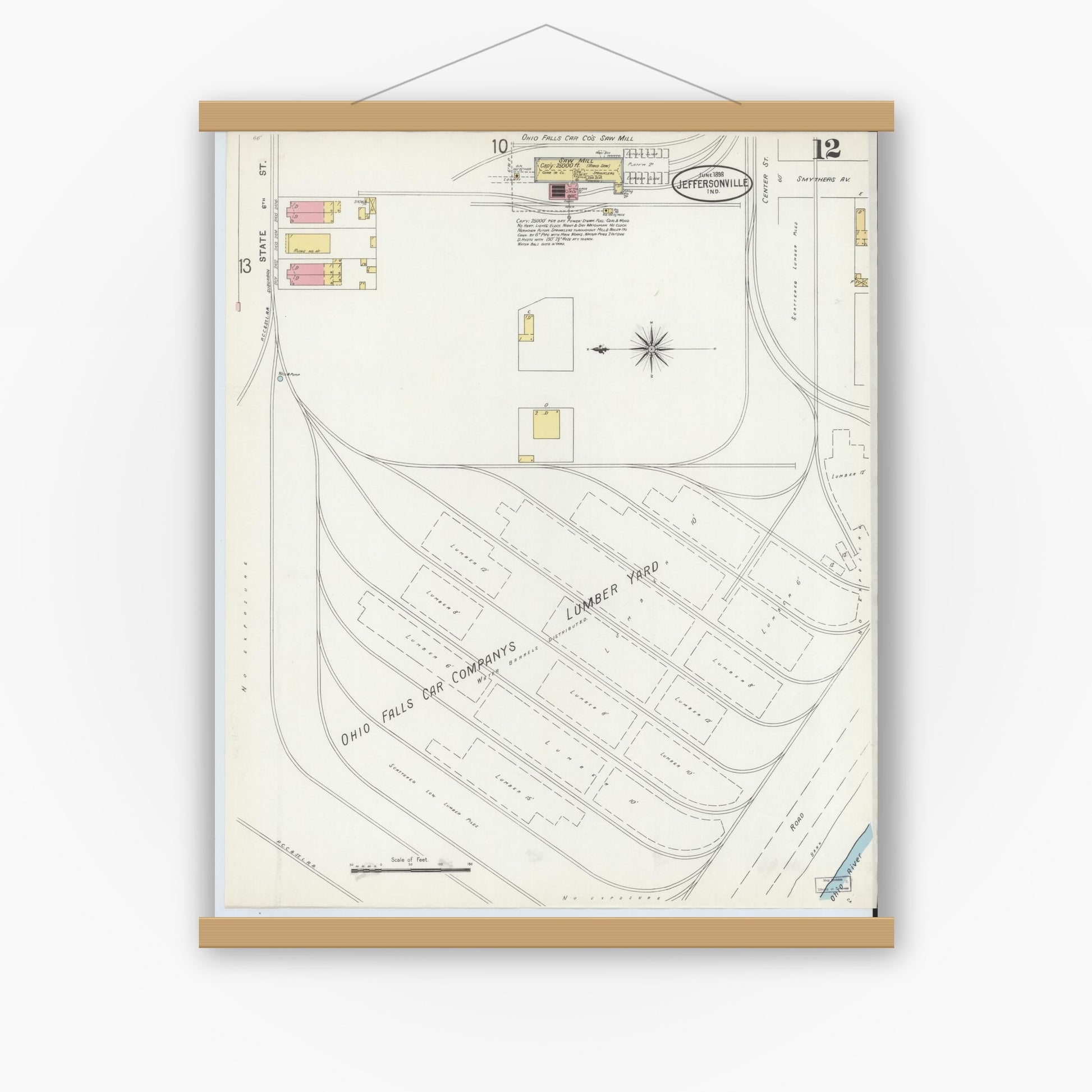 Old map wall art mockup — magnetic wood frame on white wall — Sanborn Fire Insurance Map from Jeffersonville, Clark County, Indiana (1898), Sheet #0012