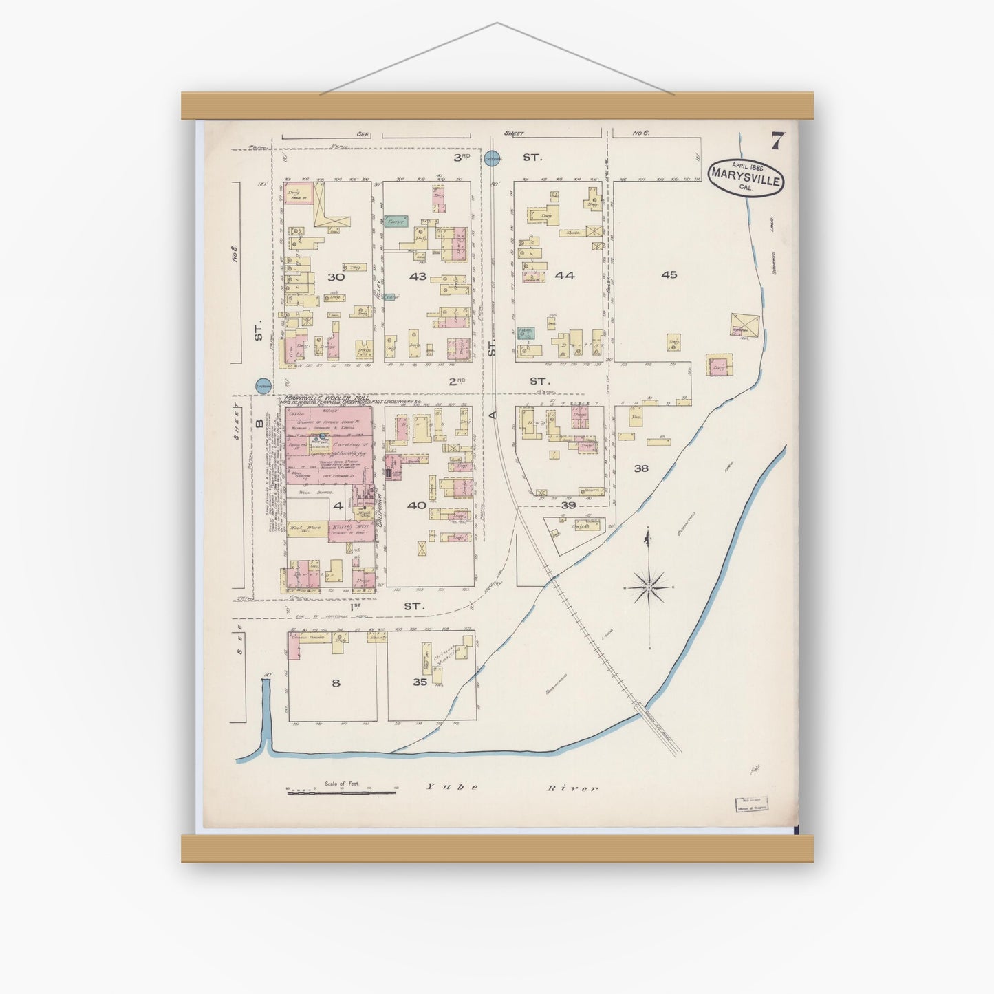 Old map wall art mockup — magnetic wood frame on white wall — Sanborn Fire Insurance Map from Marysville, Yuba County, California (1885), Sheet #0007