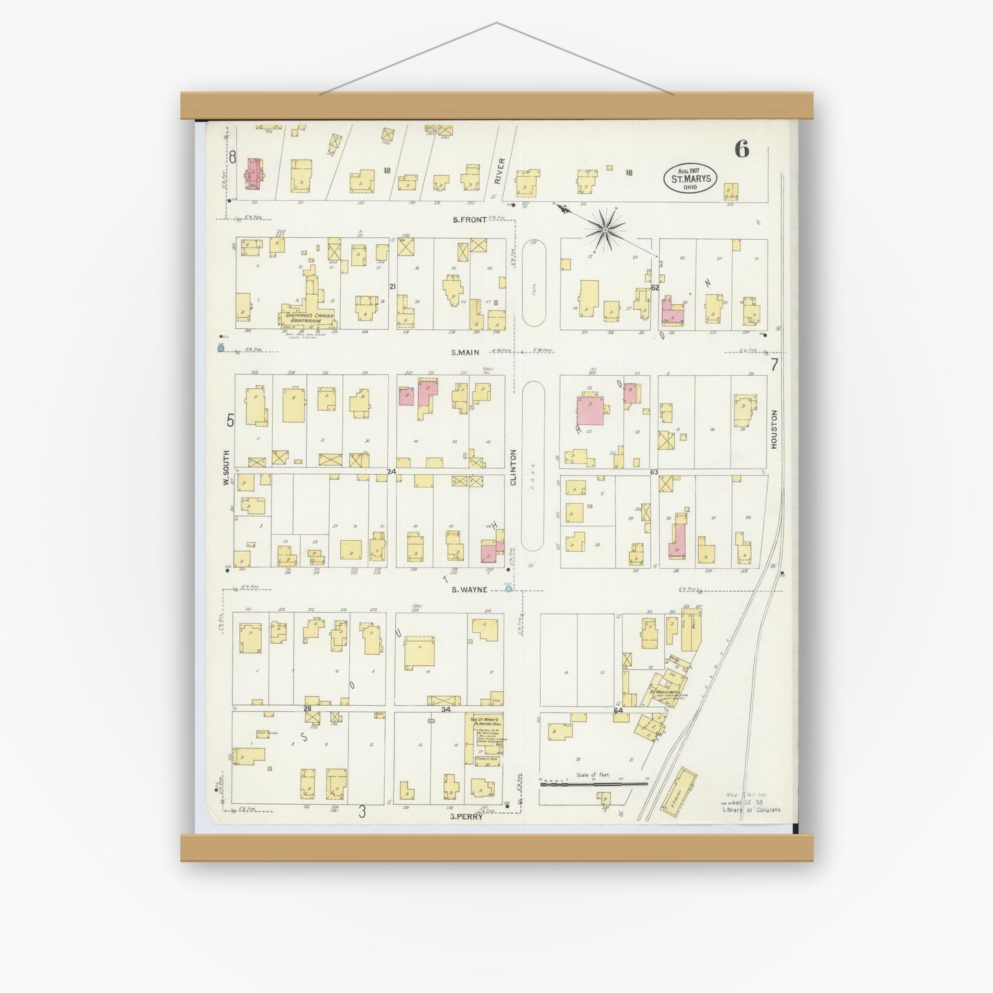 Old map wall art mockup — magnetic wood frame on white wall — Sanborn Fire Insurance Map from Saint Marys, Auglaize County, Ohio (1907), Sheet #0006