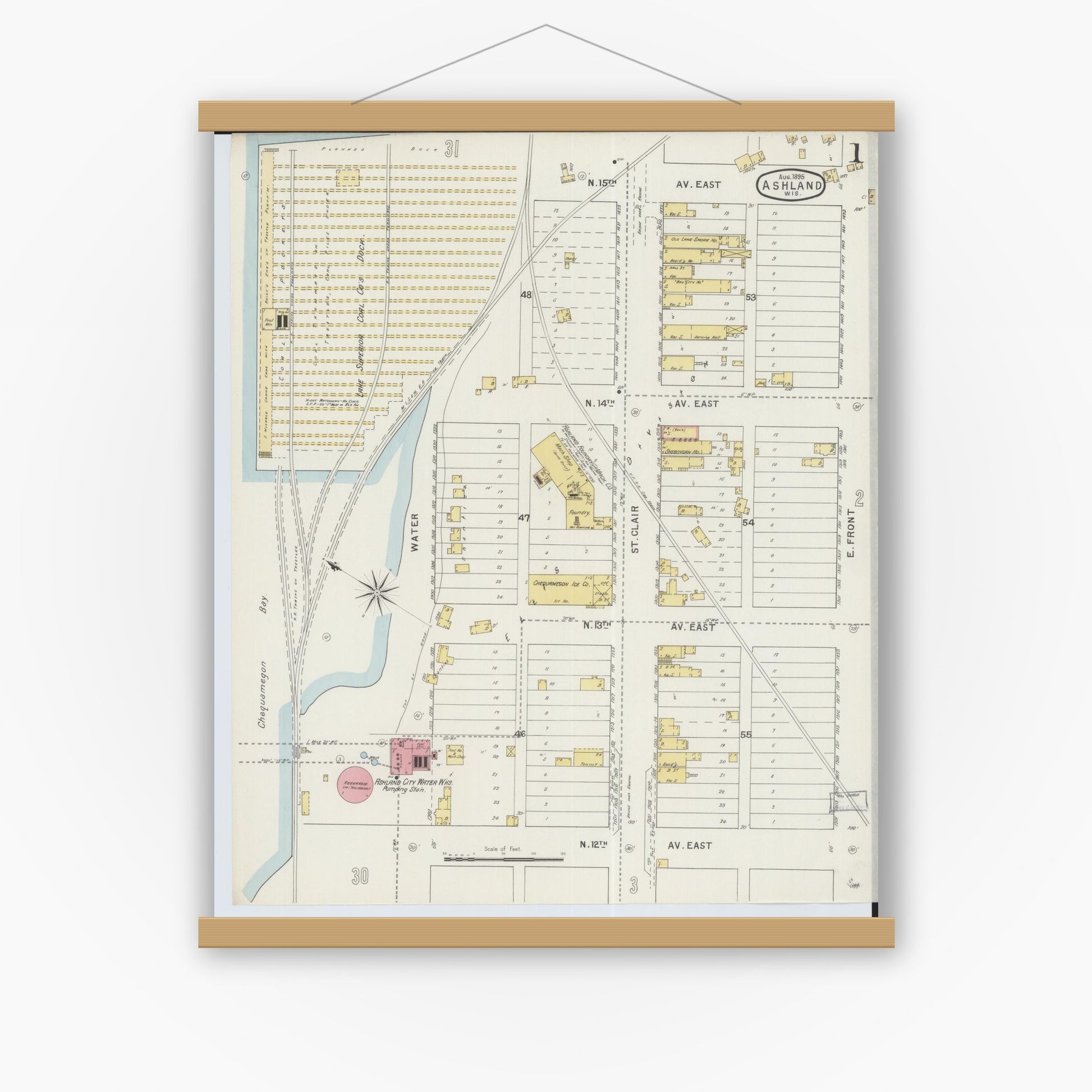 Old map wall art mockup — magnetic wood frame on white wall — Sanborn Fire Insurance Map from Ashland, Ashland County, Wisconsin (1895), Sheet #0001