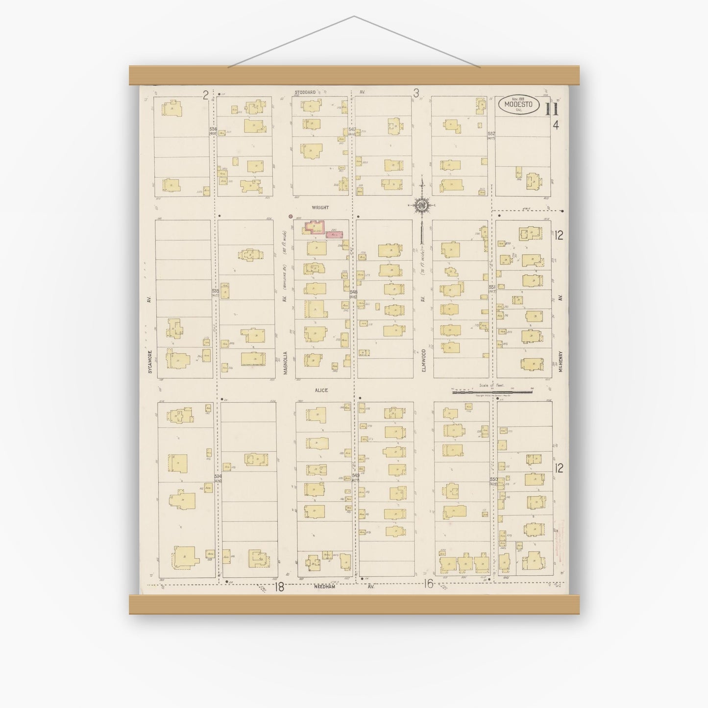 Old map wall art mockup — magnetic wood frame on white wall — Sanborn Fire Insurance Map from Modesto, Stanislaus County, California (1919), Sheet #0011