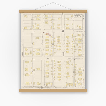 Old map wall art mockup — magnetic wood frame on white wall — Sanborn Fire Insurance Map from Modesto, Stanislaus County, California (1919), Sheet #0011