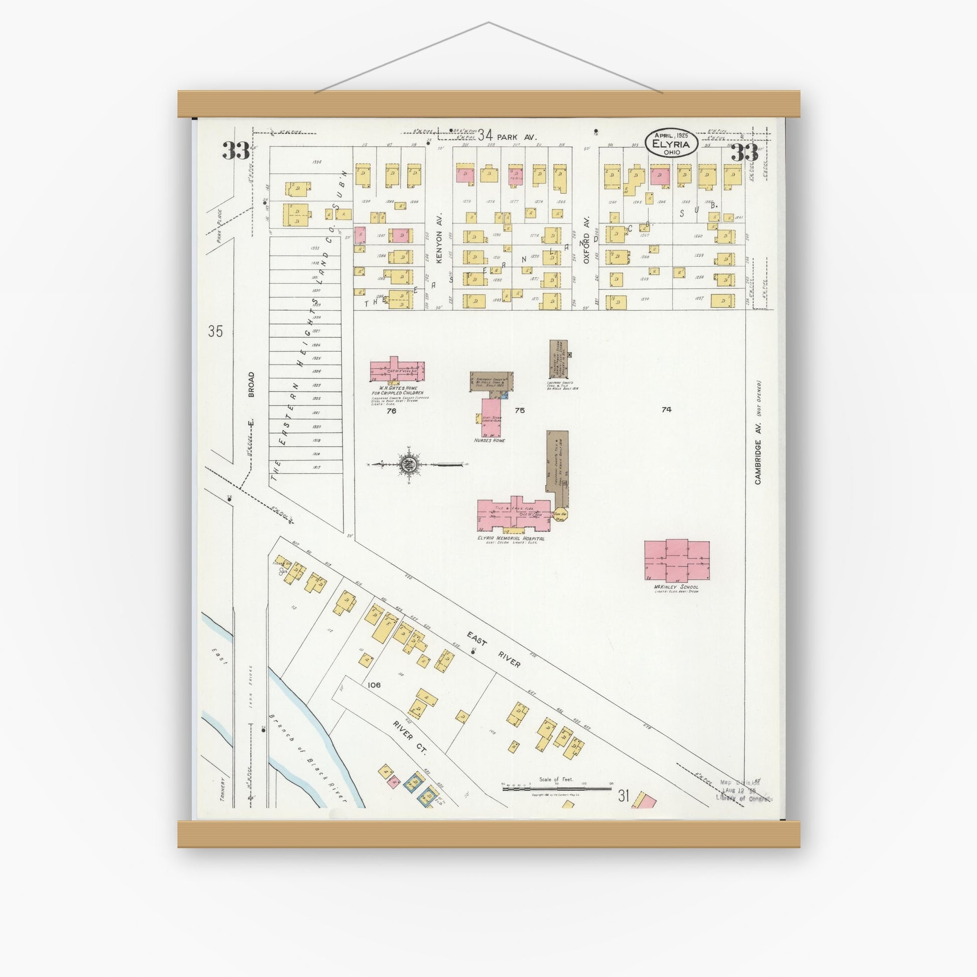 Old map wall art mockup — magnetic wood frame on white wall — Sanborn Fire Insurance Map from Elyria, Lorain County, Ohio (1925), Sheet #0033