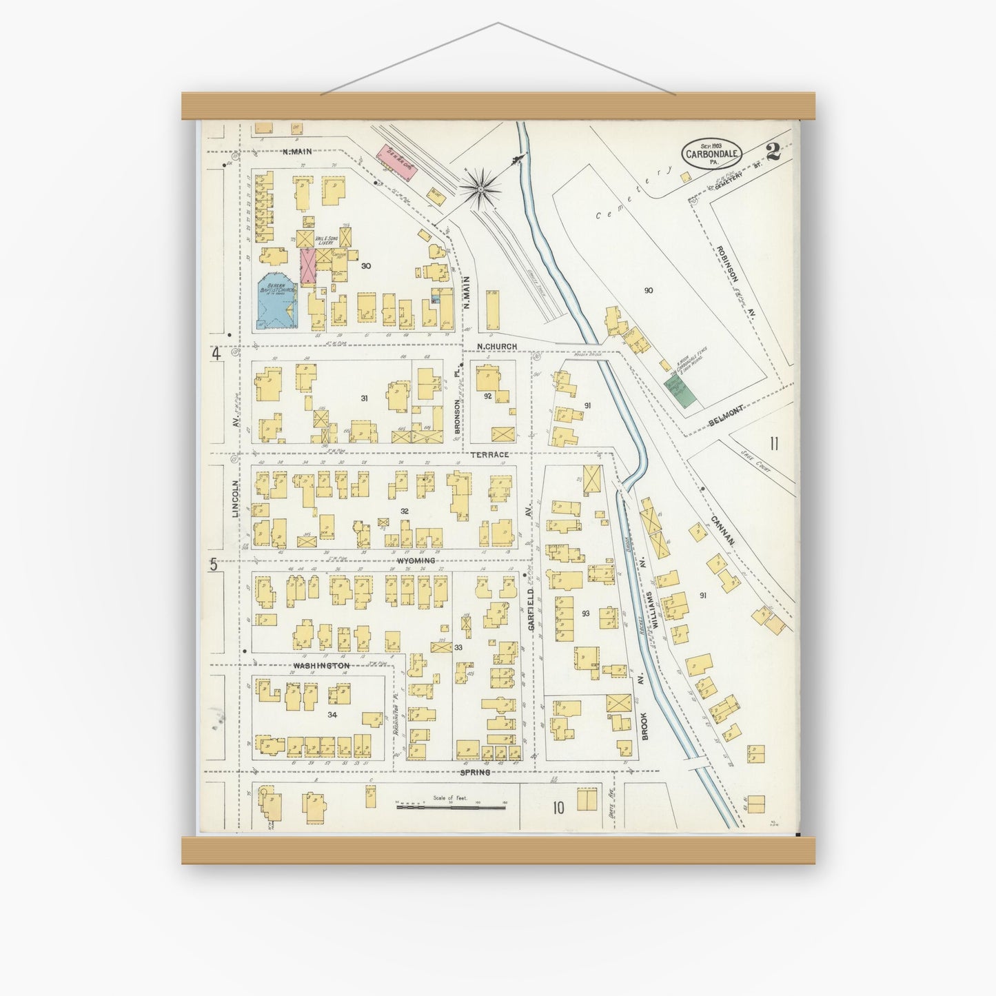 Old map wall art mockup — magnetic wood frame on white wall — Sanborn Fire Insurance Map from Carbondale, Lackawanna County, Pennsylvania (1903), Sheet #0002
