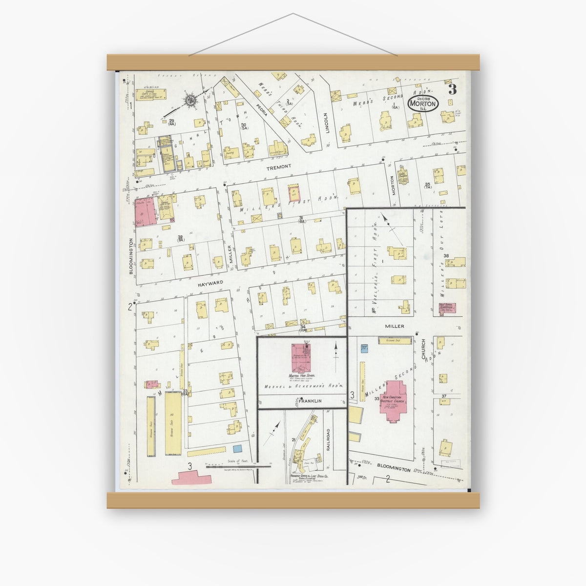 Old map wall art mockup — magnetic wood frame on white wall — Sanborn Fire Insurance Map from Morton, Tazewell County, Illinois (1918), Sheet #0003
